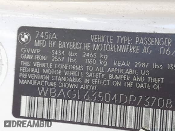 2004 BMW 7 Series 745i with VIN WBAGL63504DP73708, listed as a IAAI auction lot 43202611 with 193,110 mi miles and . Bid and sale history available at DreamBid. Image 9.