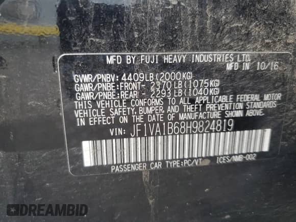 2017 Subaru WRX with VIN JF1VA1B68H9824819, listed as a Copart auction lot 80491755 with 100,494 mi miles and Salvage title. Bid and sale history available at DreamBid. Image 12.