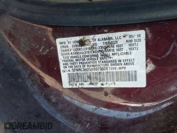 2010 Honda Odyssey LX with VIN 5FNRL3H25AB079528, listed as a IAAI auction lot 43390658 with 242,152 mi miles and . Bid and sale history available at DreamBid. Image 9.