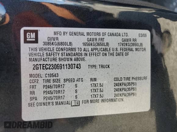2009 GMC Sierra 1500 with VIN 2GTEC230691130743, listed as a Copart auction lot 60643155 with 140,455 mi miles and Salvage title. Bid and sale history available at DreamBid. Image 12.