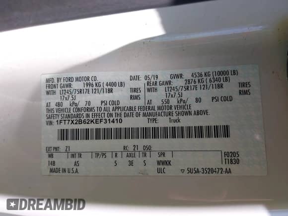 2019 Ford F-250 XL z VIN 1FT7X2B62KEF31410, wystawiony jako IAAI lot #43374683 z przebiegiem 107 517 mil mil oraz . Historia ofert i sprzedaży dostępna na DreamBid. Obrazek 9.