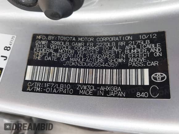 2013 Toyota Prius Two with VIN JTDKN3DU6D5544357, listed as a IAAI auction lot 42782824 with Not provided miles and . Bid and sale history available at DreamBid. Image 9.