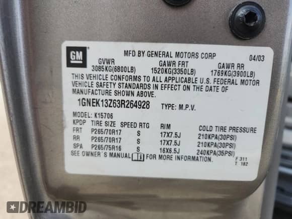 2003 Chevrolet Tahoe LT с VIN 1GNEK13Z63R264928, выставлен на аукционе Copart как лот 84194675 с пробегом 270 361 миль миль и Списание • Salvage title. История ставок и продаж доступна на DreamBid. Изображение 13.