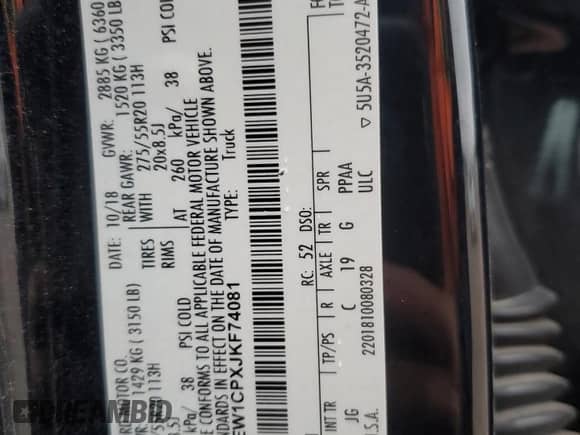 2018 Ford F-150 XL z VIN 1FTEW1CPXJKF74081, wystawiony jako Copart lot #70283065 z przebiegiem 92 035 mil mil oraz Szkoda całkowita • Salvage title. Historia ofert i sprzedaży dostępna na DreamBid. Obrazek 12.