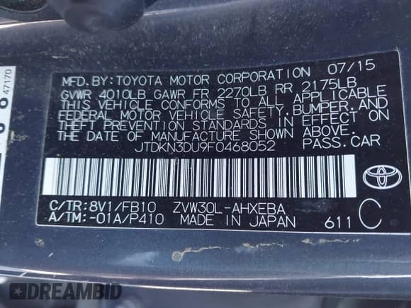 2015 Toyota Prius Persona Series z VIN JTDKN3DU9F0468052, wystawiony jako IAAI lot #43471716 z przebiegiem 120 422 mil mil oraz . Historia ofert i sprzedaży dostępna na DreamBid. Obrazek 9.