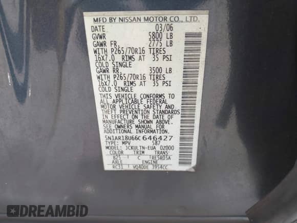 2006 Nissan Pathfinder SE z VIN 5N1AR18U66C646427, wystawiony jako IAAI lot #42149855 z przebiegiem 149 567 mil mil oraz . Historia ofert i sprzedaży dostępna na DreamBid. Obrazek 9.