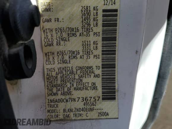 2015 Nissan Frontier SV with VIN 1N6AD0CW7FN736757, listed as a Copart auction lot 74289654 with 142,194 mi miles and Salvage title. Bid and sale history available at DreamBid. Image 12.