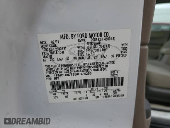 2011 Ford Escape XLT с VIN 1FMCU9D73BKB74256, выставлен на аукционе Copart как лот 85528595 с пробегом 222 570 миль миль и Списание • Salvage title. История ставок и продаж доступна на DreamBid. Изображение 13.