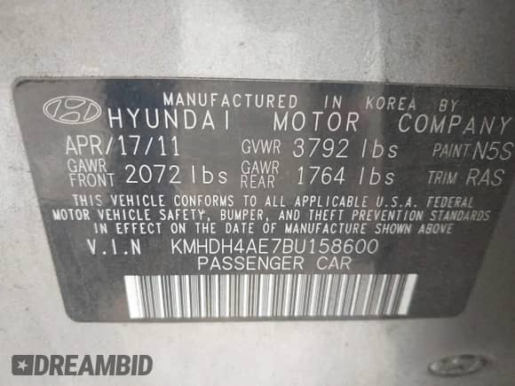 2011 Hyundai Elantra Limited with VIN KMHDH4AE7BU158600, listed as a IAAI auction lot 42581399 with 245,094 mi miles and . Bid and sale history available at DreamBid. Image 9.