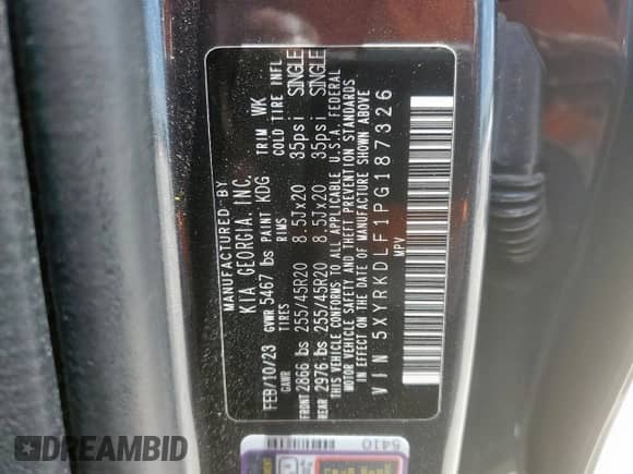 2023 Kia Sorento SX with VIN 5XYRKDLF1PG187326, listed as a Copart auction lot 59724475 with 20,375 mi miles and Clean title. Bid and sale history available at DreamBid. Image 13.