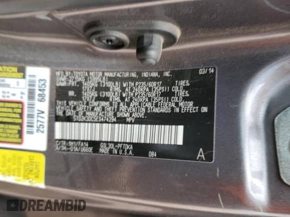 2014 Toyota Sienna L with VIN 5TDZK3DC5ES474294, listed as a Copart auction lot 55762625 with 88,969 mi miles and Salvage title. Bid and sale history available at DreamBid. Image 13.