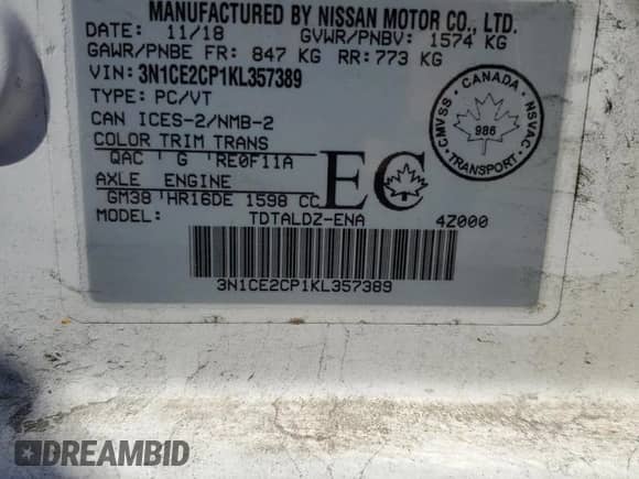 2019 Nissan Note SV с VIN 3N1CE2CP1KL357389, выставлен на аукционе Copart как лот 85157825 с пробегом 157 448 миль миль и Чистый • Clean title. История ставок и продаж доступна на DreamBid. Изображение 12.