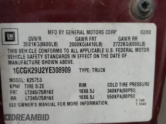 2000 Chevrolet Silverado 2500 LS с VIN 1GCGK29U2YE308909, выставлен на аукционе Copart как лот 45506425 с пробегом 190 456 миль миль и Списание • Salvage title. История ставок и продаж доступна на DreamBid. Изображение 12.