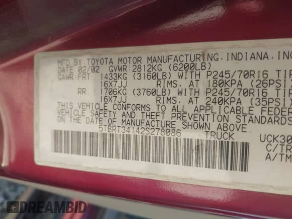 2002 Toyota Tundra SR5 with VIN 5TBRT34142S278086, listed as a IAAI auction lot 43433691 with 209,357 mi miles and . Bid and sale history available at DreamBid. Image 9.