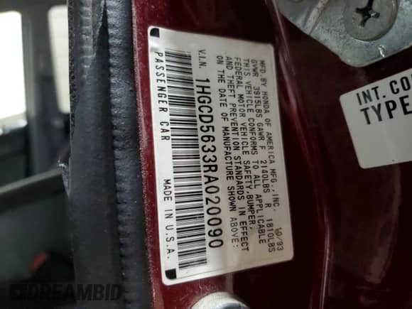 1994 Honda Accord LX с VIN 1HGCD5633RA020090, выставлен на аукционе Copart как лот 85233204 с пробегом 55 909 миль миль и Списание • Salvage title. История ставок и продаж доступна на DreamBid. Изображение 12.