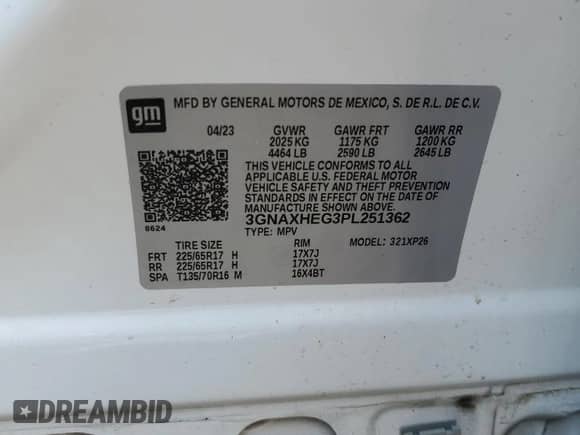 2023 Chevrolet Equinox LS z VIN 3GNAXHEG3PL251362, wystawiony jako Copart lot #63664165 z przebiegiem Nie podano mil oraz Szkoda całkowita • Salvage title. Historia ofert i sprzedaży dostępna na DreamBid. Obrazek 13.