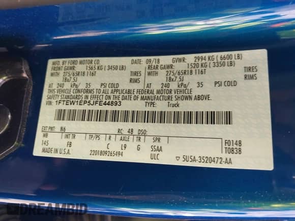 2018 Ford F-150 XL z VIN 1FTEW1EP5JFE44893, wystawiony jako IAAI lot #43273397 z przebiegiem 62 449 mil mil oraz . Historia ofert i sprzedaży dostępna na DreamBid. Obrazek 9.