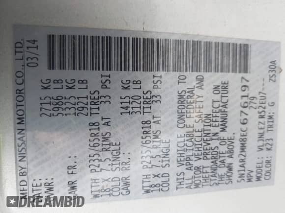 2014 Nissan Pathfinder SL с VIN 5N1AR2MM8EC676197, выставлен на аукционе IAAI как лот 42269076 с пробегом 196 827 миль миль и . История ставок и продаж доступна на DreamBid. Изображение 9.