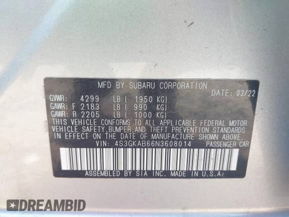 2022 Subaru Impreza with VIN 4S3GKAB66N3608014, listed as a IAAI auction lot 42675764 with 35,355 mi miles and . Bid and sale history available at DreamBid. Image 9.