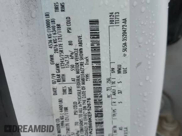 2019 Ford F-250 XL with VIN 1FT7W2B69KEF52676, listed as a Copart auction lot 85700235 with 119,206 mi miles and Salvage title. Bid and sale history available at DreamBid. Image 12.