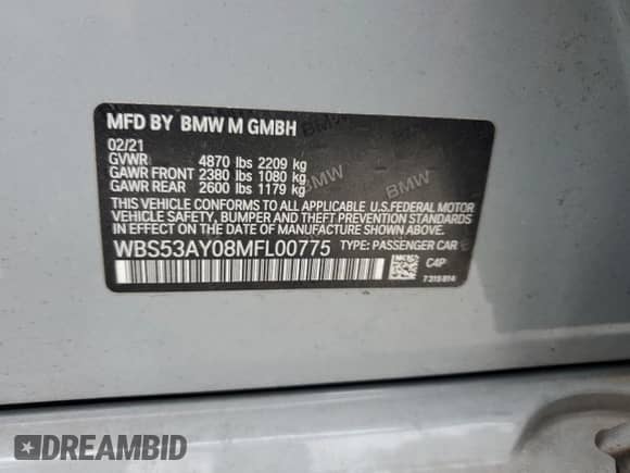 2021 BMW M3 с VIN WBS53AY08MFL00775, выставлен на аукционе Copart как лот 52444765 с пробегом 5 682 миль миль и Списание • Salvage title. История ставок и продаж доступна на DreamBid. Изображение 12.