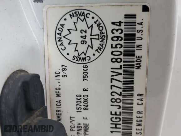 1997 Honda Civic с VIN 1HGEJ8277VL805934, выставлен на аукционе Copart как лот 50817825 с пробегом 353 086 миль миль и Чистый • Clean title. История ставок и продаж доступна на DreamBid. Изображение 13.