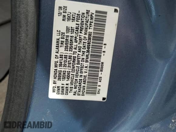 2009 Honda Odyssey EX with VIN 5FNRL38489B038582, listed as a Copart auction lot 85501315 with 165,076 mi miles and Salvage title. Bid and sale history available at DreamBid. Image 13.