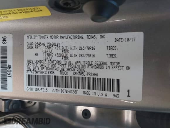 2017 Toyota Tacoma SR5 with VIN 5TFCZ5AN9HX116956, listed as a IAAI auction lot 42893281 with 156,440 mi miles and . Bid and sale history available at DreamBid. Image 9.