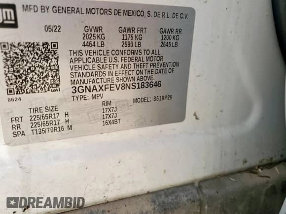 2022 Chevrolet Equinox LS с VIN 3GNAXFEV8NS183646, выставлен на аукционе Copart как лот 62951695 с пробегом 62 058 миль миль и Списание • Salvage title. История ставок и продаж доступна на DreamBid. Изображение 13.