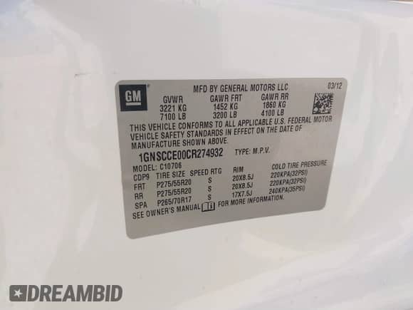 2012 Chevrolet Tahoe LTZ z VIN 1GNSCCE00CR274932, wystawiony jako IAAI lot #41748535 z przebiegiem 180 838 mil mil oraz . Historia ofert i sprzedaży dostępna na DreamBid. Obrazek 9.