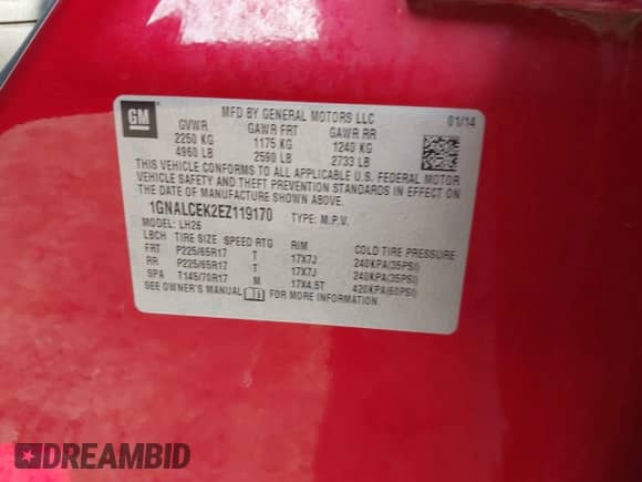 2014 Chevrolet Equinox LT with VIN 1GNALCEK2EZ119170, listed as a IAAI auction lot 43027430 with 120,540 mi miles and . Bid and sale history available at DreamBid. Image 9.