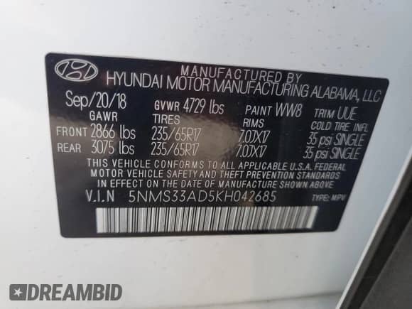 2019 Hyundai Santa Fe SEL Plus с VIN 5NMS33AD5KH042685, выставлен на аукционе Copart как лот 66551275 с пробегом 55 985 миль миль и Списание • Salvage title. История ставок и продаж доступна на DreamBid. Изображение 13.