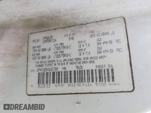 1997 Dodge 1500 with VIN 1B7HF16Z0VS121720, listed as a IAAI auction lot 42787691 with 209,700 mi miles and . Bid and sale history available at DreamBid. Image 9.