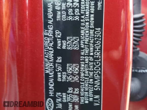 2024 Hyundai Santa Fe Calligraphy с VIN 5NMP5DGL3RH062304, выставлен на аукционе Copart как лот 67470035 с пробегом Не указан миль и Списание • Salvage title. История ставок и продаж доступна на DreamBid. Изображение 13.