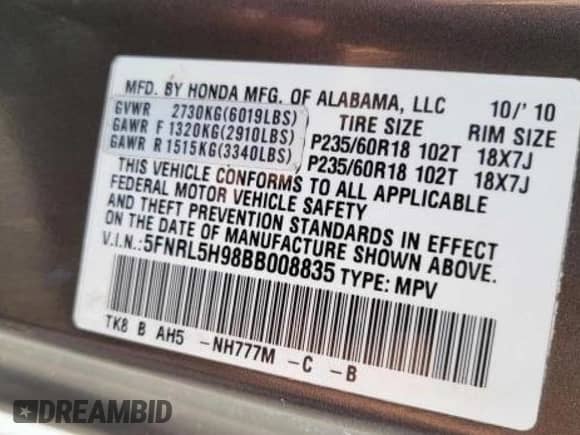 2011 Honda Odyssey Touring with VIN 5FNRL5H98BB008835, listed as a Copart auction lot 41714385 with 172,853 mi miles and Clean title. Bid and sale history available at DreamBid. Image 10.