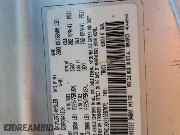 2001 Dodge 1500 Work Special с VIN 1B7HC16X21S287075, выставлен на аукционе Copart как лот 76584614 с пробегом 330 149 миль миль и Списание • Salvage title. История ставок и продаж доступна на DreamBid. Изображение 12.