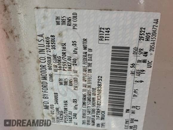 2003 Ford F-150 XL z VIN 1FTRF182X3NB38752, wystawiony jako Copart lot #42796835 z przebiegiem Nie podano mil oraz Czysty tytuł • Clean title. Historia ofert i sprzedaży dostępna na DreamBid. Obrazek 12.