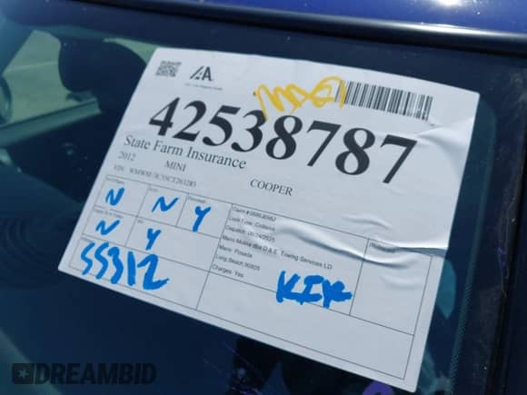 2012 MINI Hardtop with VIN WMWSU3C55CT263283, listed as a IAAI auction lot 42538787 with 55,312 mi miles and . Bid and sale history available at DreamBid. Image 16.