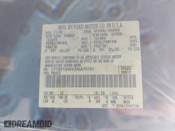 2003 Ford F-150 XL z VIN 1FTRF18WX3NA70701, wystawiony jako IAAI lot #42384209 z przebiegiem 90 565 mil mil oraz . Historia ofert i sprzedaży dostępna na DreamBid. Obrazek 9.