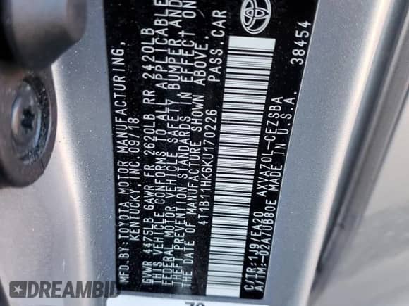 2019 Toyota Camry SE z VIN 4T1B11HK6KU170226, wystawiony jako Copart lot #82595245 z przebiegiem 105 367 mil mil oraz Szkoda całkowita • Salvage title. Historia ofert i sprzedaży dostępna na DreamBid. Obrazek 13.