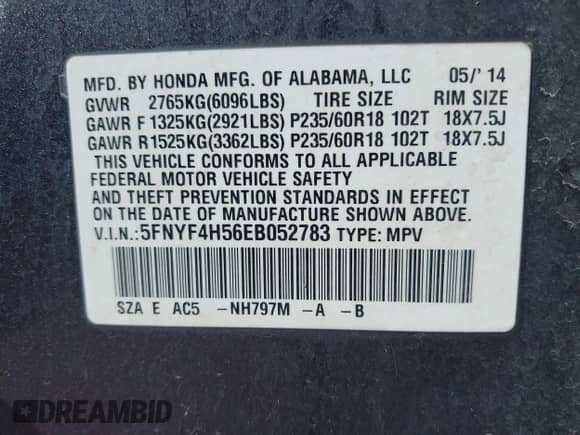 2014 Honda Pilot EX-L z VIN 5FNYF4H56EB052783, wystawiony jako IAAI lot #42944860 z przebiegiem 152 919 mil mil oraz . Historia ofert i sprzedaży dostępna na DreamBid. Obrazek 9.