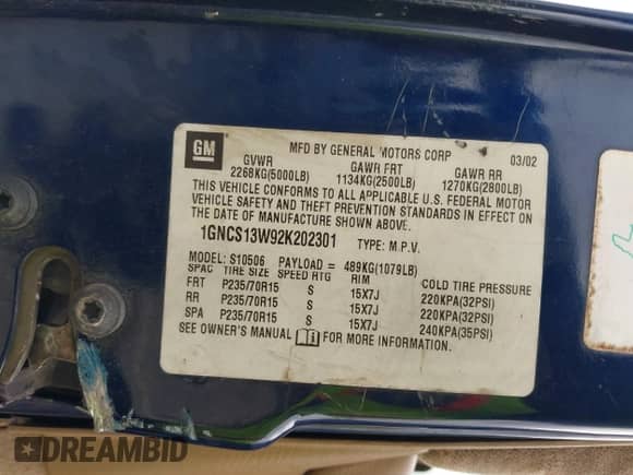2002 Chevrolet Blazer LS z VIN 1GNCS13W92K202301, wystawiony jako IAAI lot #42066797 z przebiegiem 184 706 mil mil oraz . Historia ofert i sprzedaży dostępna na DreamBid. Obrazek 9.