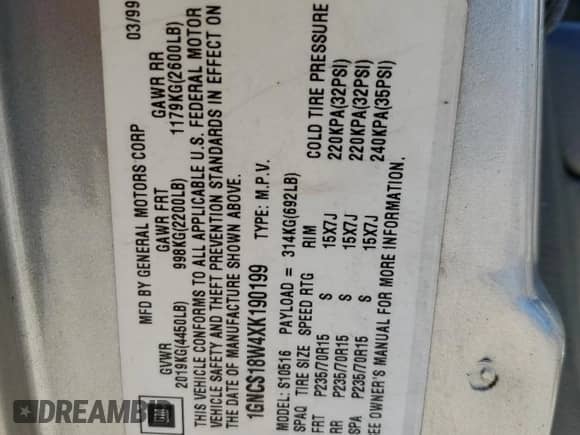 1999 Chevrolet Blazer LS с VIN 1GNCS18W4XK190199, выставлен на аукционе Copart как лот 81499174 с пробегом 161 229 миль миль и Списание • Salvage title. История ставок и продаж доступна на DreamBid. Изображение 14.