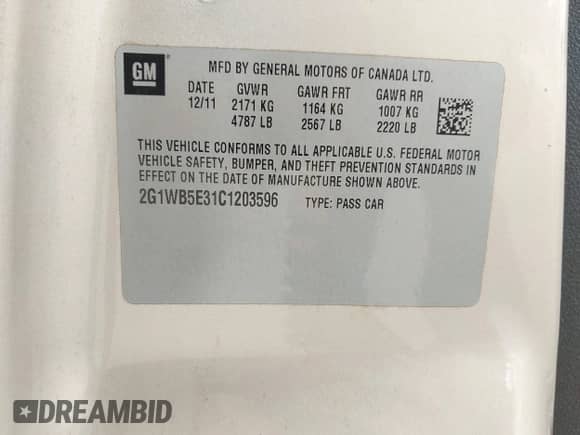 2012 Chevrolet Impala LT Retail with VIN 2G1WB5E31C1203596, listed as a IAAI auction lot 43287967 with 151,254 mi miles and . Bid and sale history available at DreamBid. Image 9.