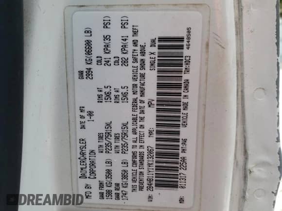 2000 Dodge RAM with VIN 2B4HB11Y1YK132067, listed as a Copart auction lot 58911665 with 147,473 mi miles and Clean title. Bid and sale history available at DreamBid. Image 13.