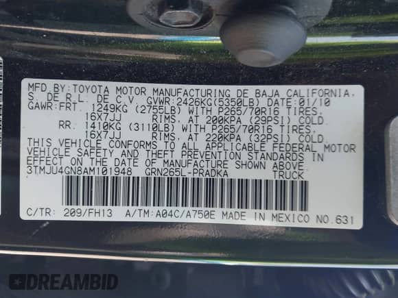 2010 Toyota Tacoma PreRunner with VIN 3TMJU4GN8AM101948, listed as a IAAI auction lot 42655977 with 228,965 mi miles and . Bid and sale history available at DreamBid. Image 9.