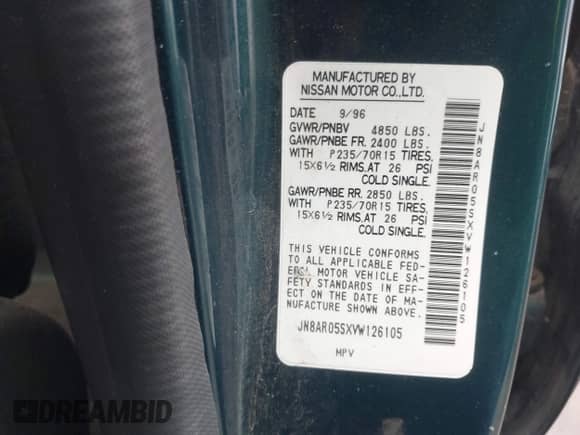 1997 Nissan Pathfinder XE with VIN JN8AR05SXVW126105, listed as a IAAI auction lot 41655140 with 132,229 mi miles and . Bid and sale history available at DreamBid. Image 9.