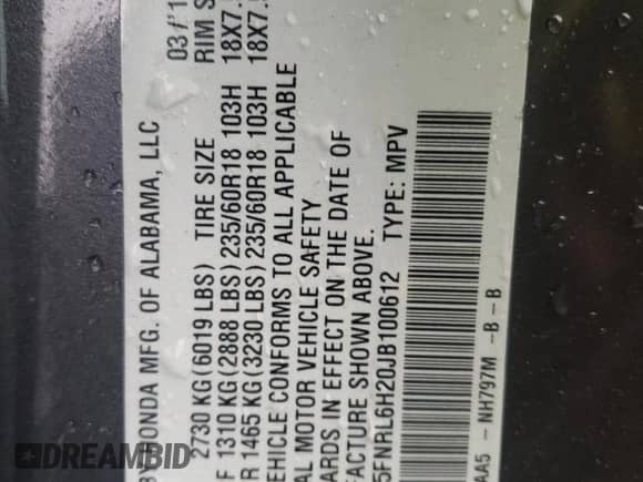 2018 Honda Odyssey LX with VIN 5FNRL6H20JB100612, listed as a Copart auction lot 51420335 with Not provided miles and Salvage title. Bid and sale history available at DreamBid. Image 13.