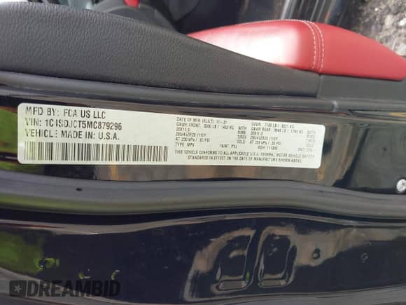 2021 Dodge Durango R/T with VIN 1C4SDJCT5MC879296, listed as a IAAI auction lot 42861164 with Not provided miles and . Bid and sale history available at DreamBid. Image 9.