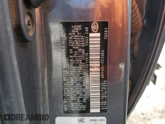 2007 Toyota Camry с VIN 4T1BB46K07U012618, выставлен на аукционе Copart как лот 67115464 с пробегом 225 725 миль миль и Списание • Salvage title. История ставок и продаж доступна на DreamBid. Изображение 12.